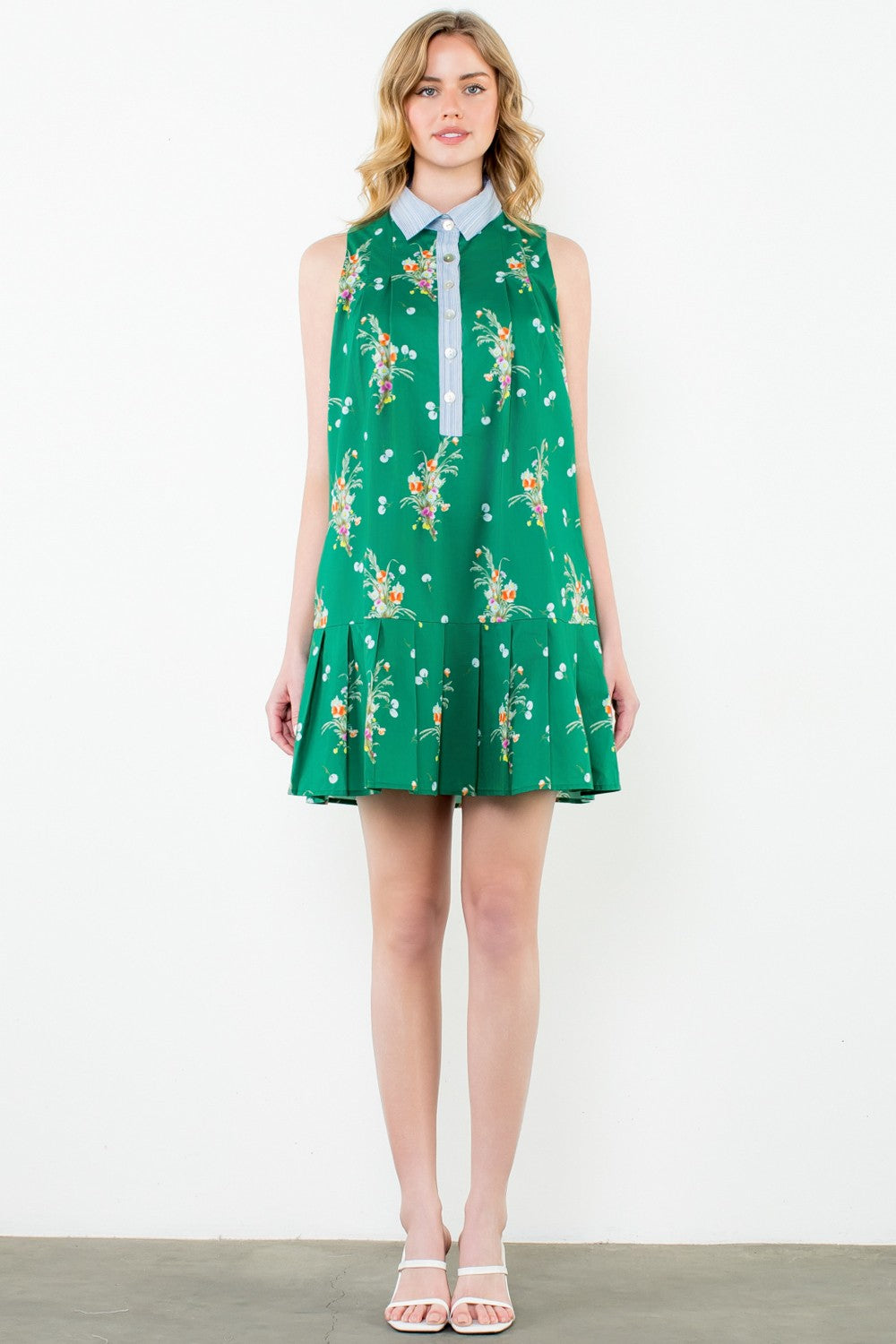 THML Sleeveless Contrast Collar Floral Dress