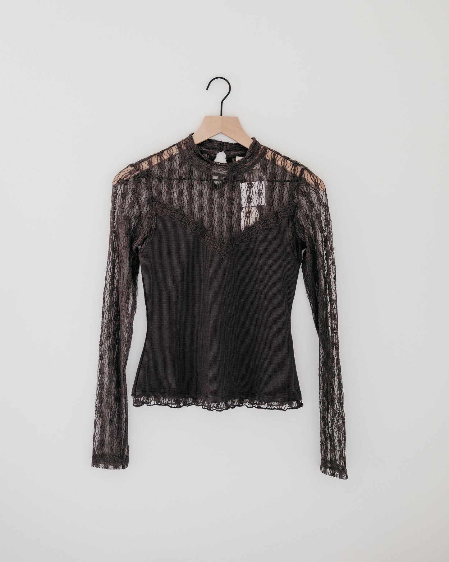 By Together Ribbed Sheer Lace Mock Neck L/S
