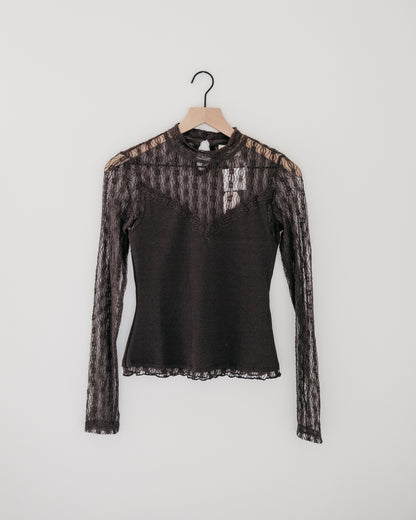 By Together Ribbed Sheer Lace Mock Neck L/S