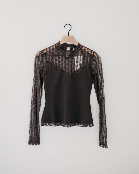 By Together Ribbed Sheer Lace Mock Neck L/S