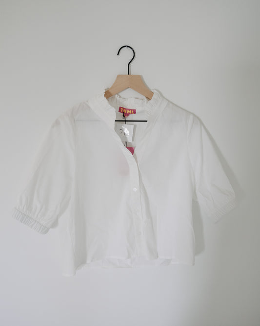 THML Ruffle V-Neck Short Sleeve Button Down Blouse