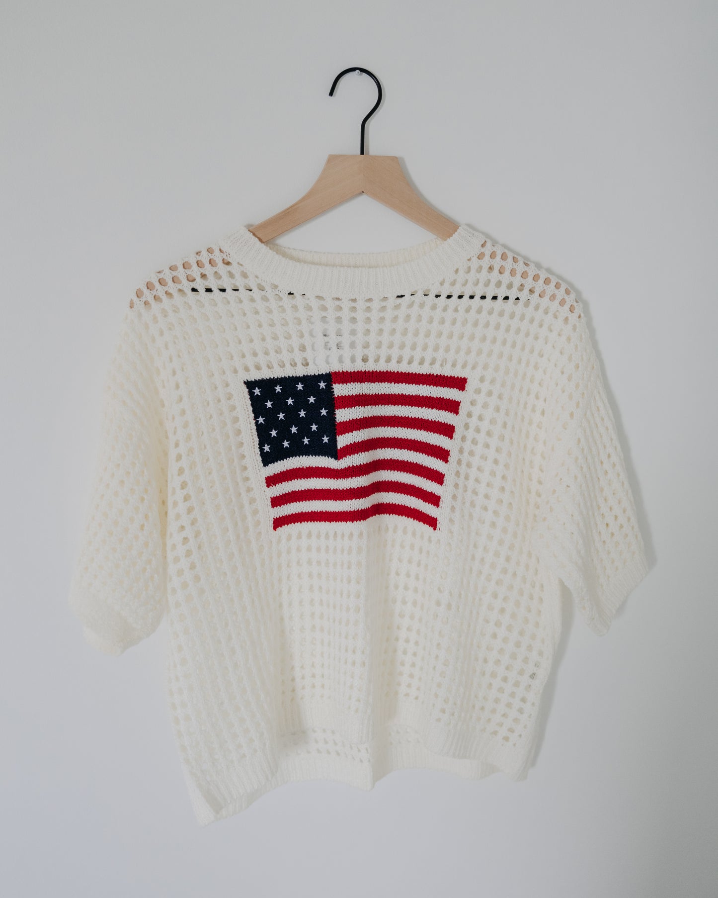 Buttermelon Flag Print Open Knit Crochet Sweater Top