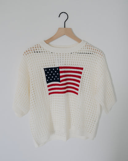 Buttermelon Flag Print Open Knit Crochet Sweater Top