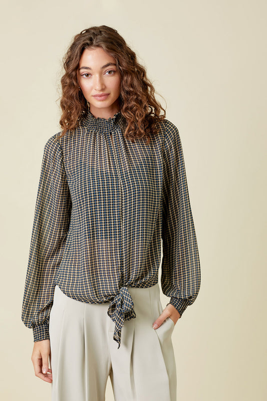 Tie Front Houndstooth Blouse