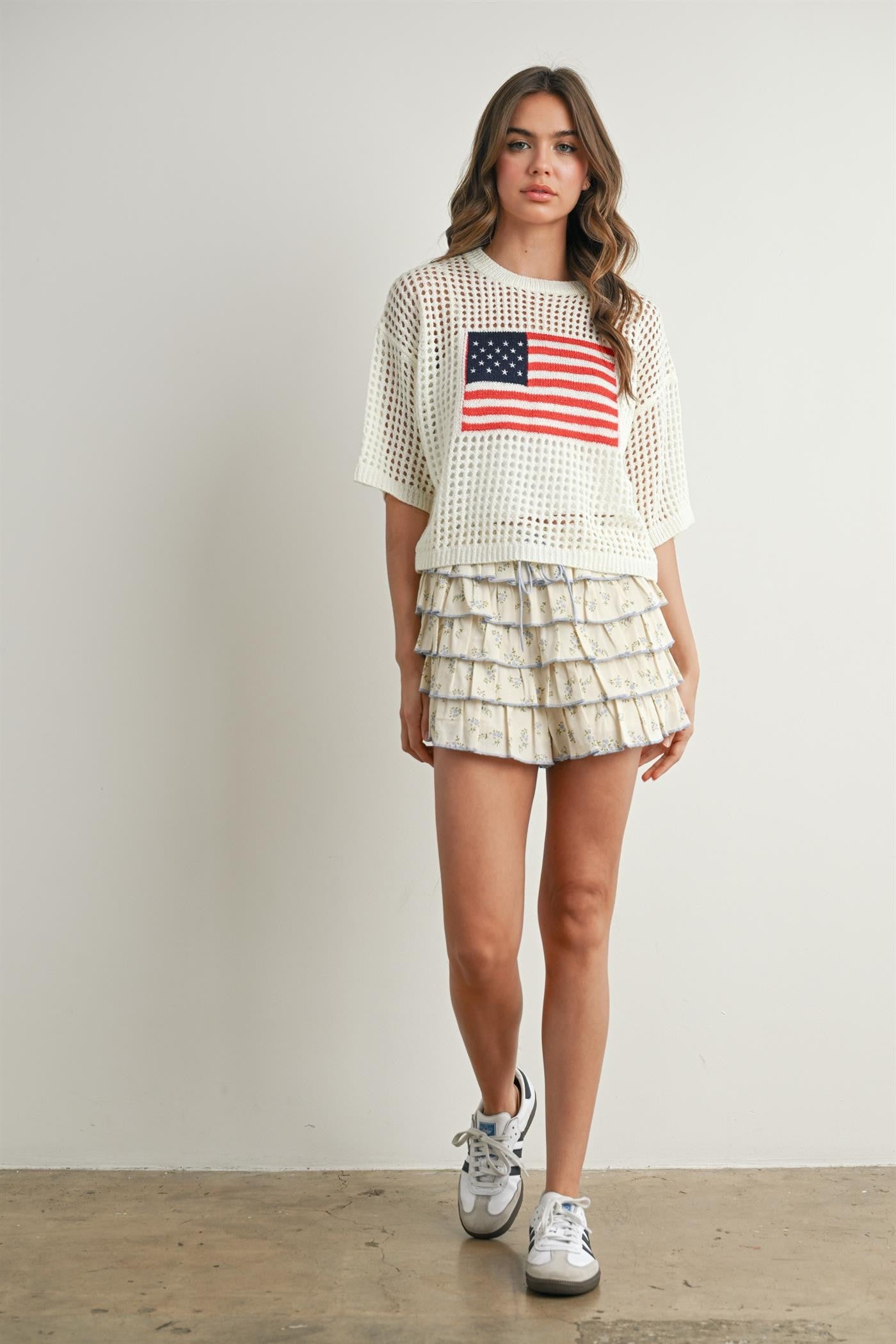 Buttermelon Flag Print Open Knit Crochet Sweater Top