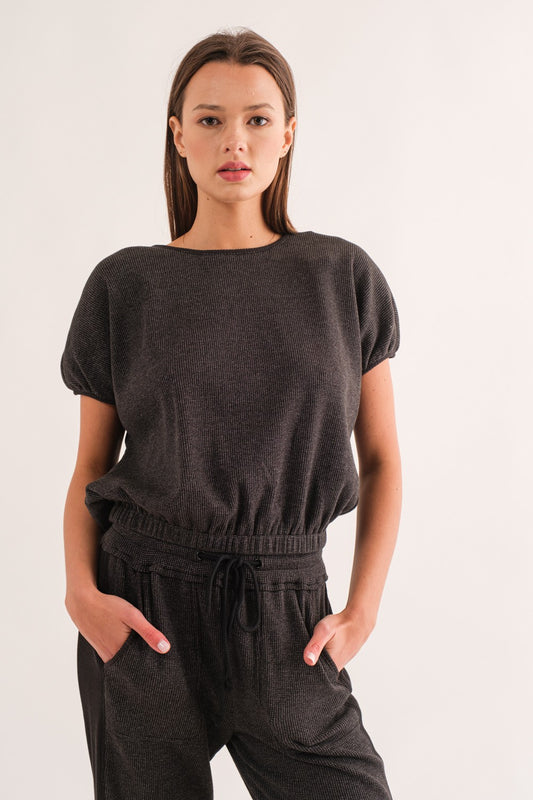 Waffle Puff Shoulder Knit Top