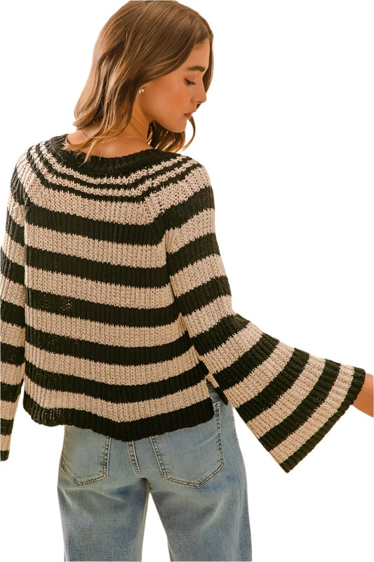 Eyelet Placket Stripe Sweater