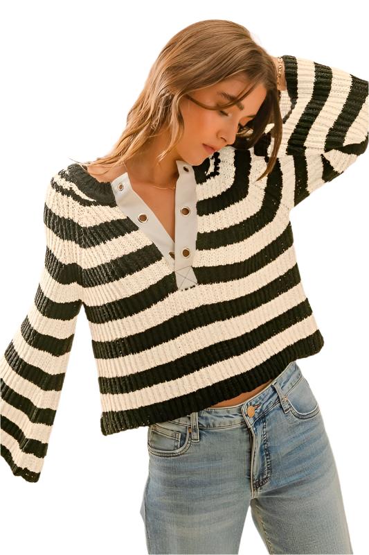 Eyelet Placket Stripe Sweater