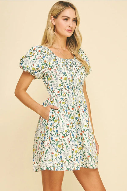 Pinch Floral Print Bubbled Sleeve Mini Dress