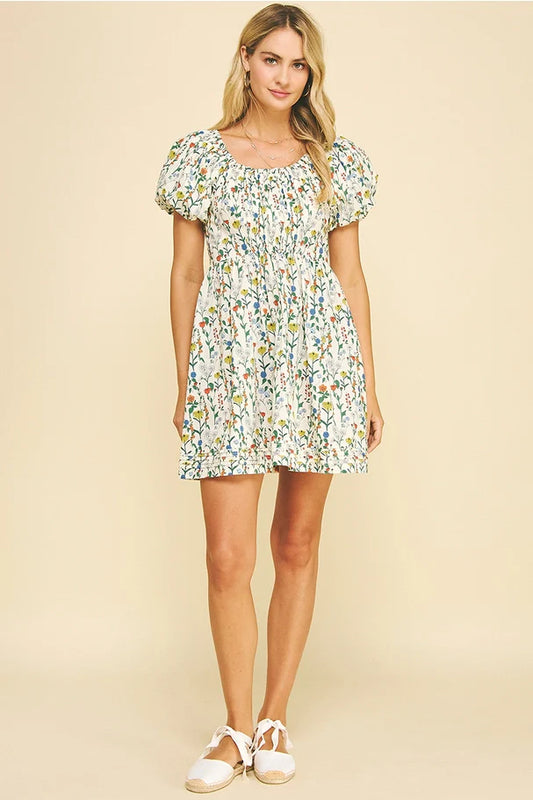 Pinch Floral Print Bubbled Sleeve Mini Dress