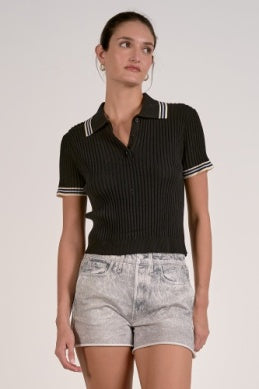 Elan Collared Ribbed Short Sleeve Sweater