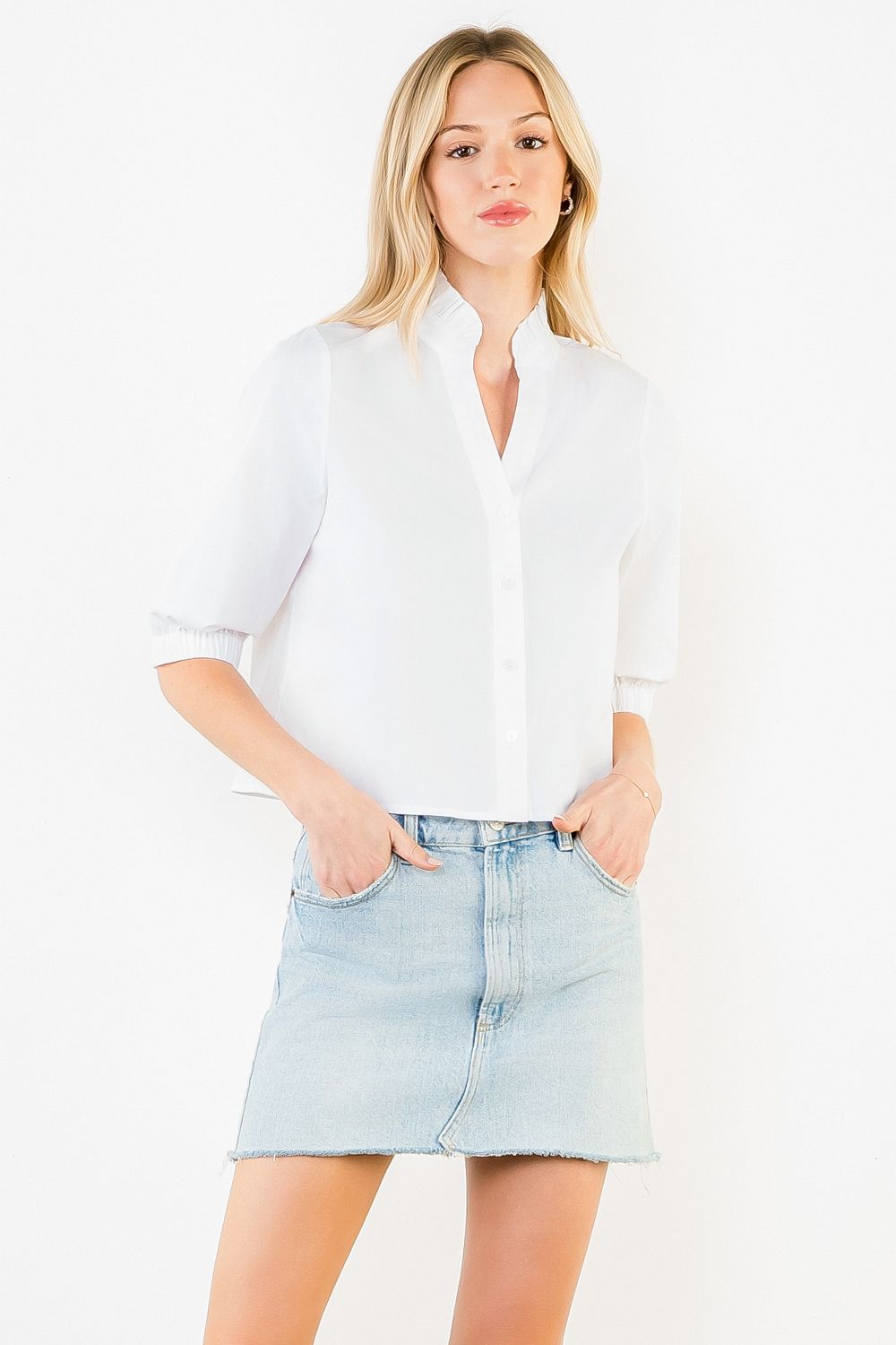 THML Ruffle V-Neck Short Sleeve Button Down Blouse