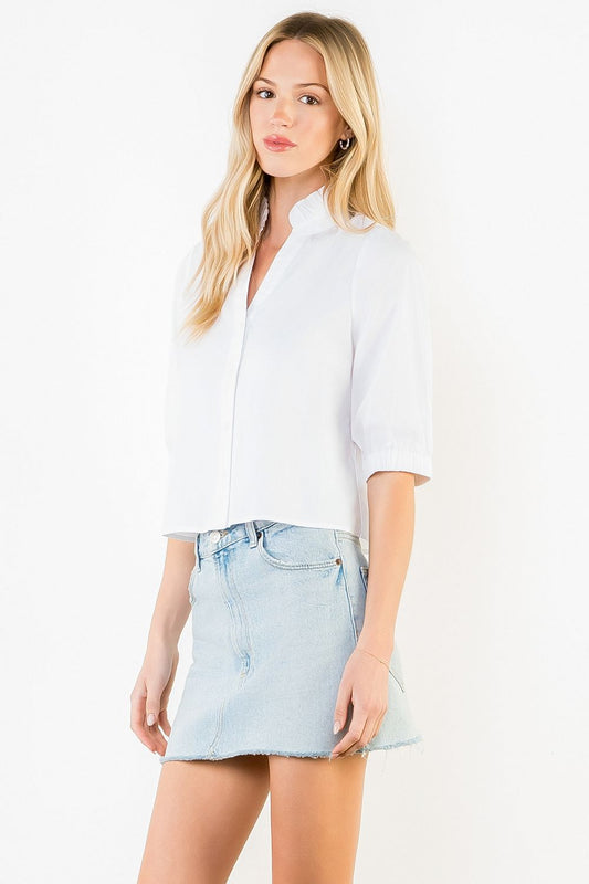 THML Ruffle V-Neck Short Sleeve Button Down Blouse