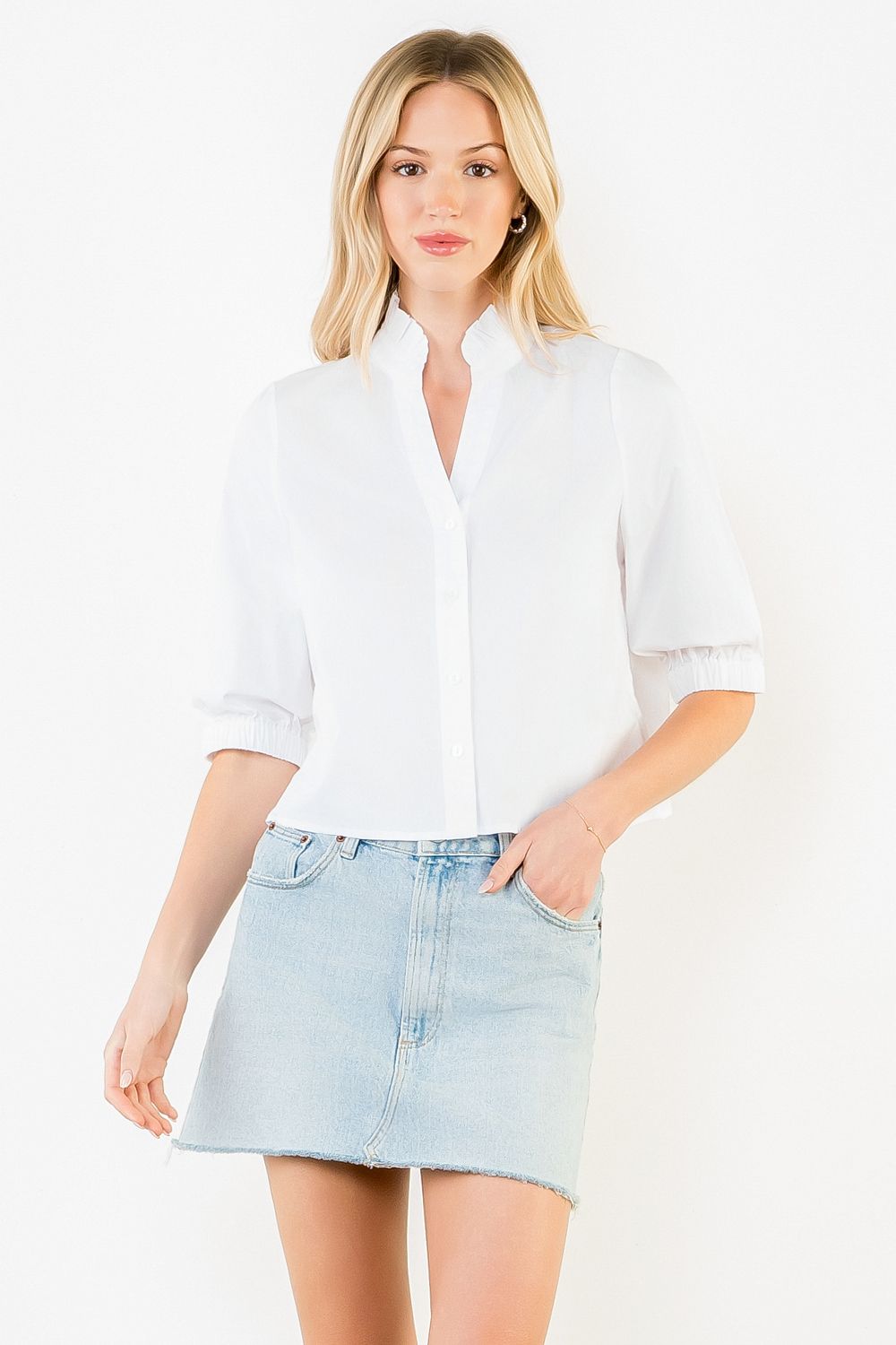 THML Ruffle V-Neck Short Sleeve Button Down Blouse