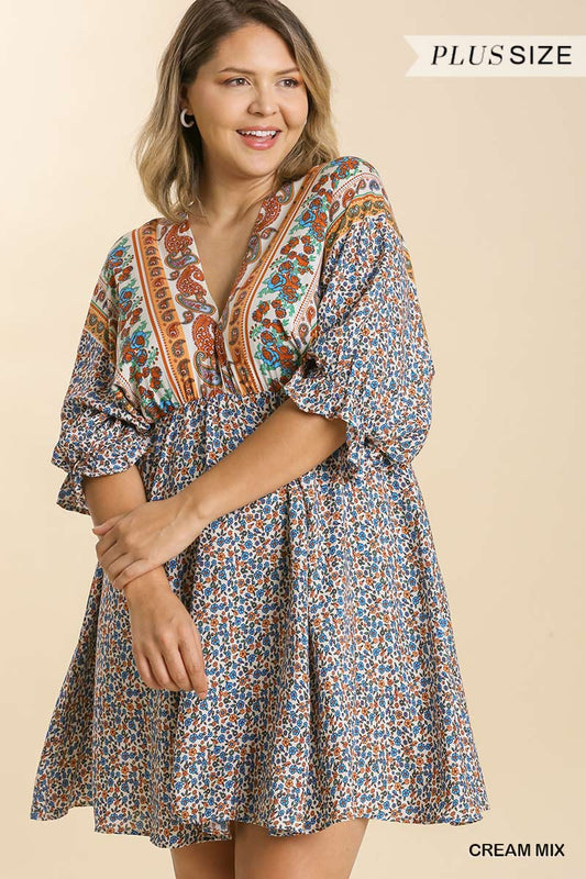 Curvy V-neck Mixed Print Dress