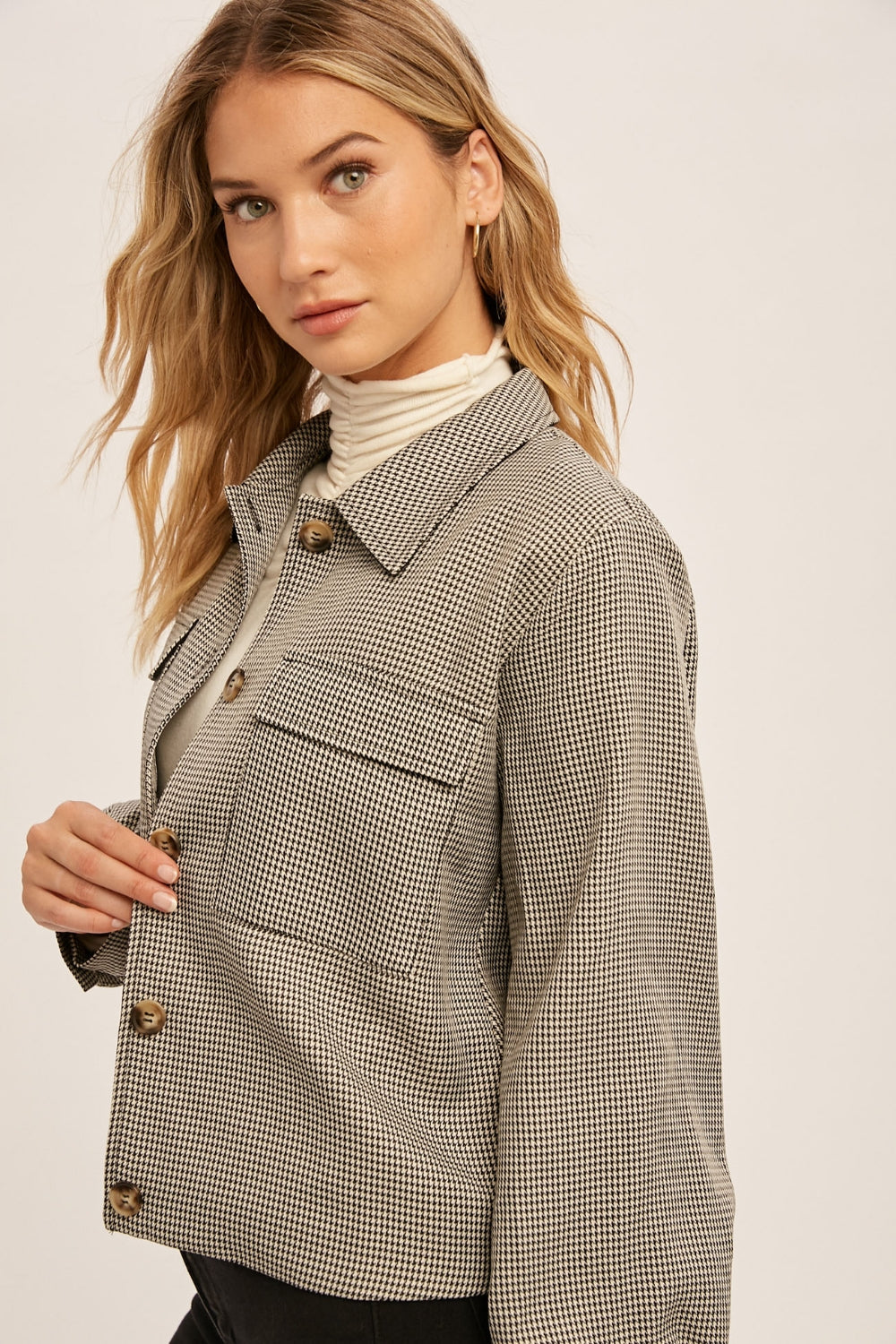 Houndstooth Button Down Collared Bomber Jacket