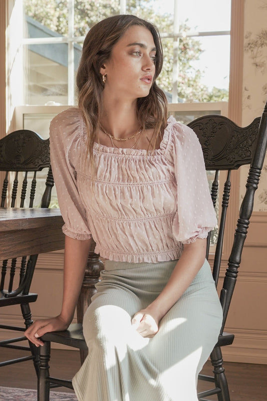 Swiss Dot Chiffon Smocked Crop Top