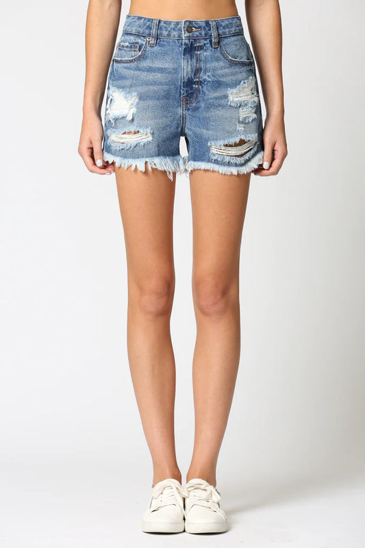 Finn High Rise Dark Wash Distressed Shorts