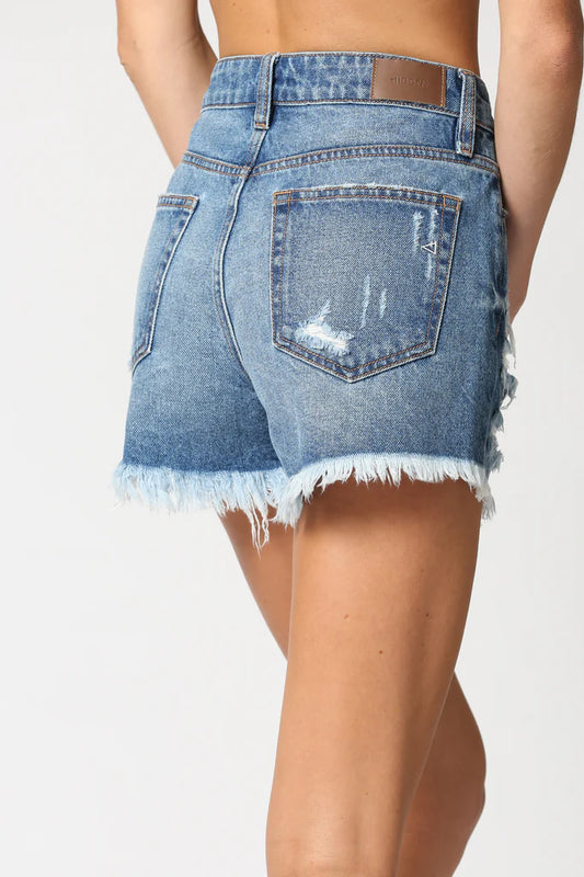 Finn High Rise Dark Wash Distressed Shorts