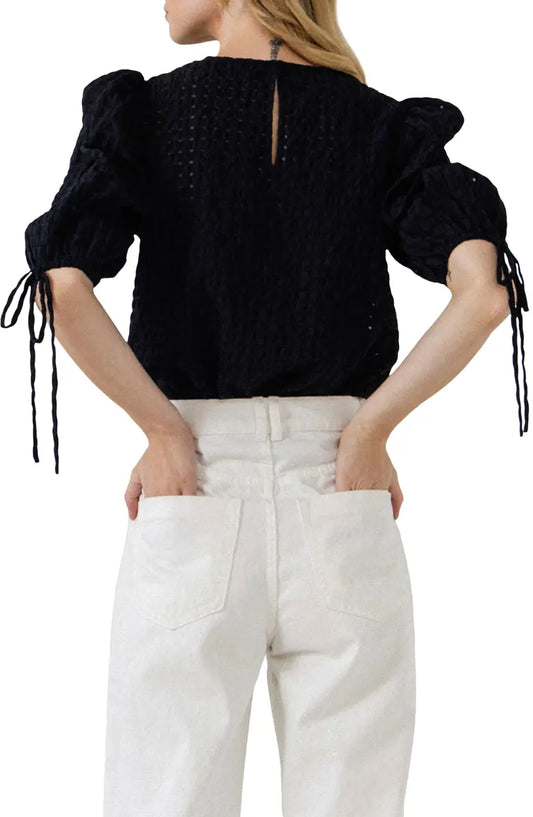 Checked Sheer Puff Sleeve Blouse